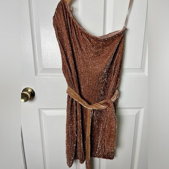 Retrofete Sequins One Shoulder Bronze Velvet Waist Tie Ella Mini Dress L - Picture 2 of 9